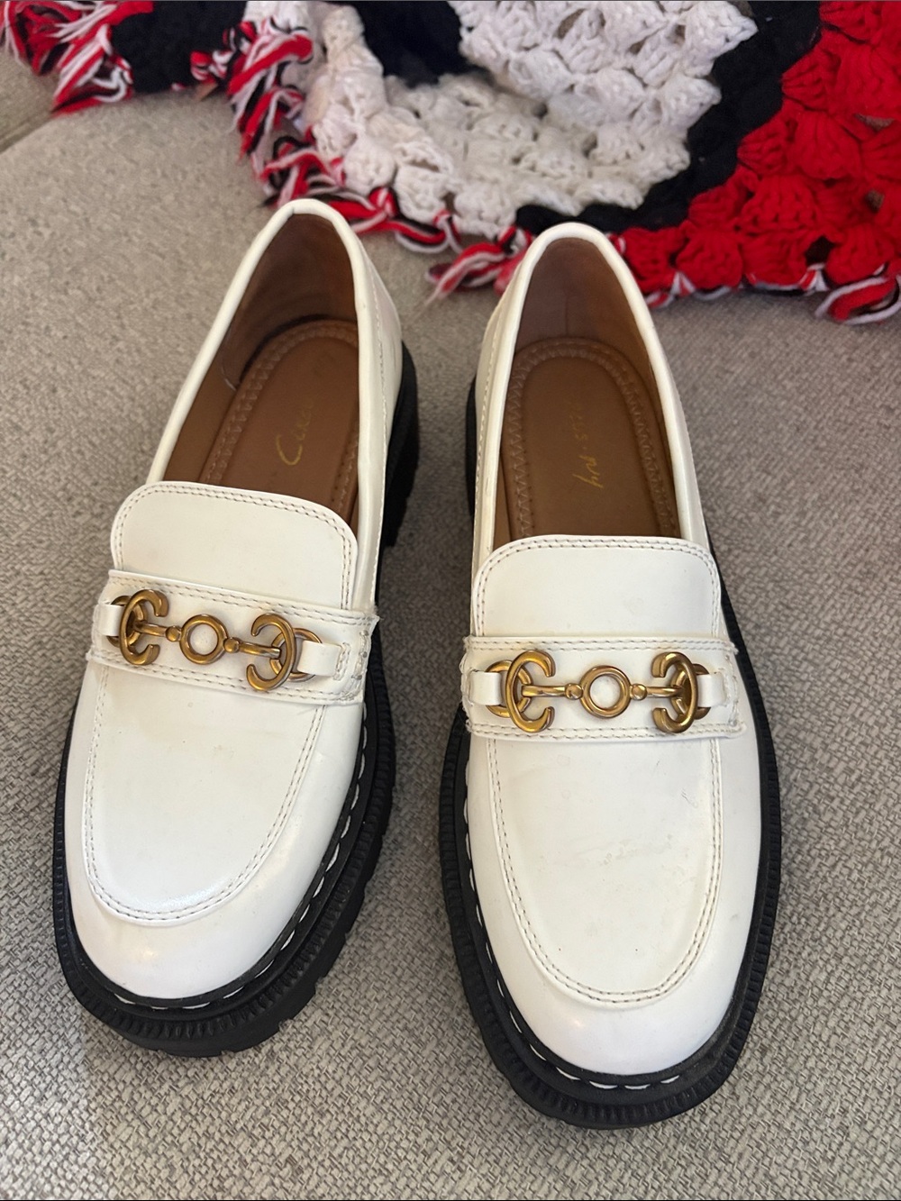 Classic White Leather Loafers with Gold Hardware